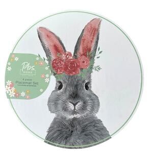 Bunny Rabbit Cork Backed Hard Placemats 15" Round Set of 4 Easter Decor New